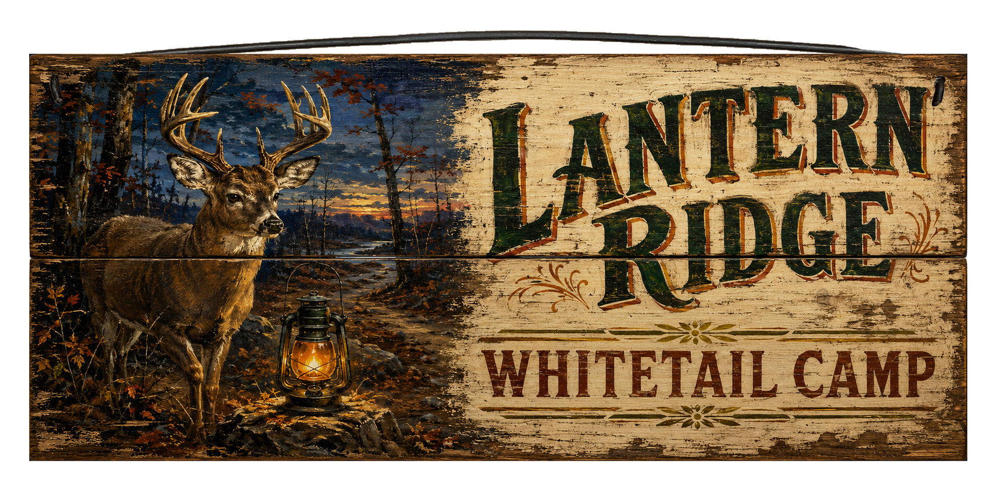 Lantern Ridge Whitetail Camp 7 x 16 rustic deer hunting wood sign