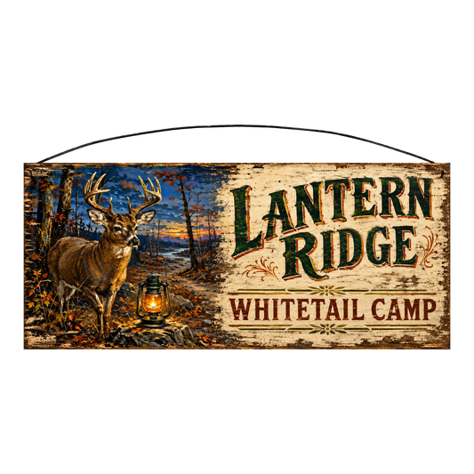 Lantern Ridge Whitetail Camp wood sign, 7 x 16 inches — solid pine