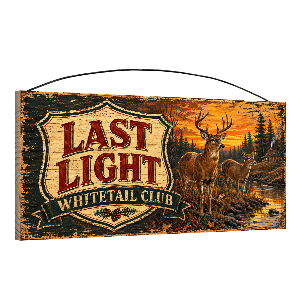 Angled view of the Last Light Whitetail Club 7 x 16 pine wood sign showing the board edge and hanging wire