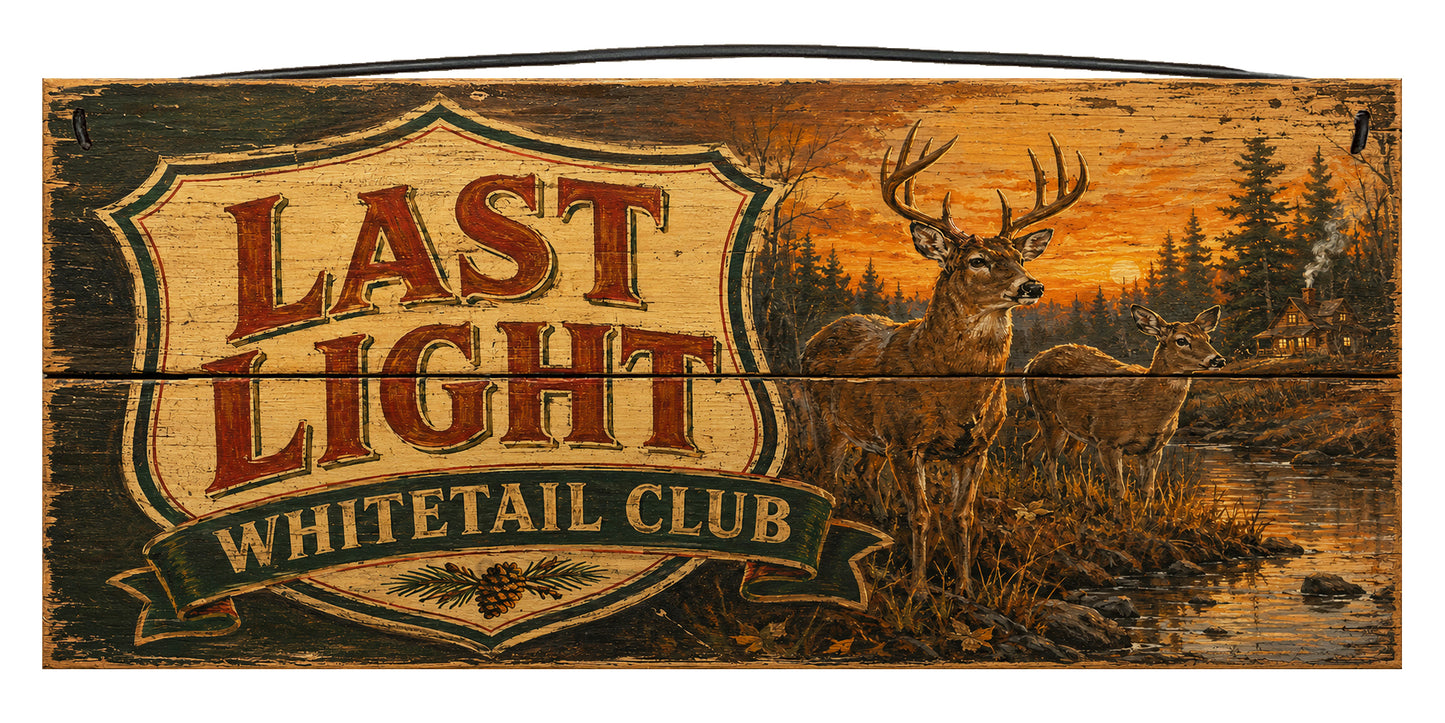 Last Light Whitetail Club 7 x 14 wood sign with deer at sunset