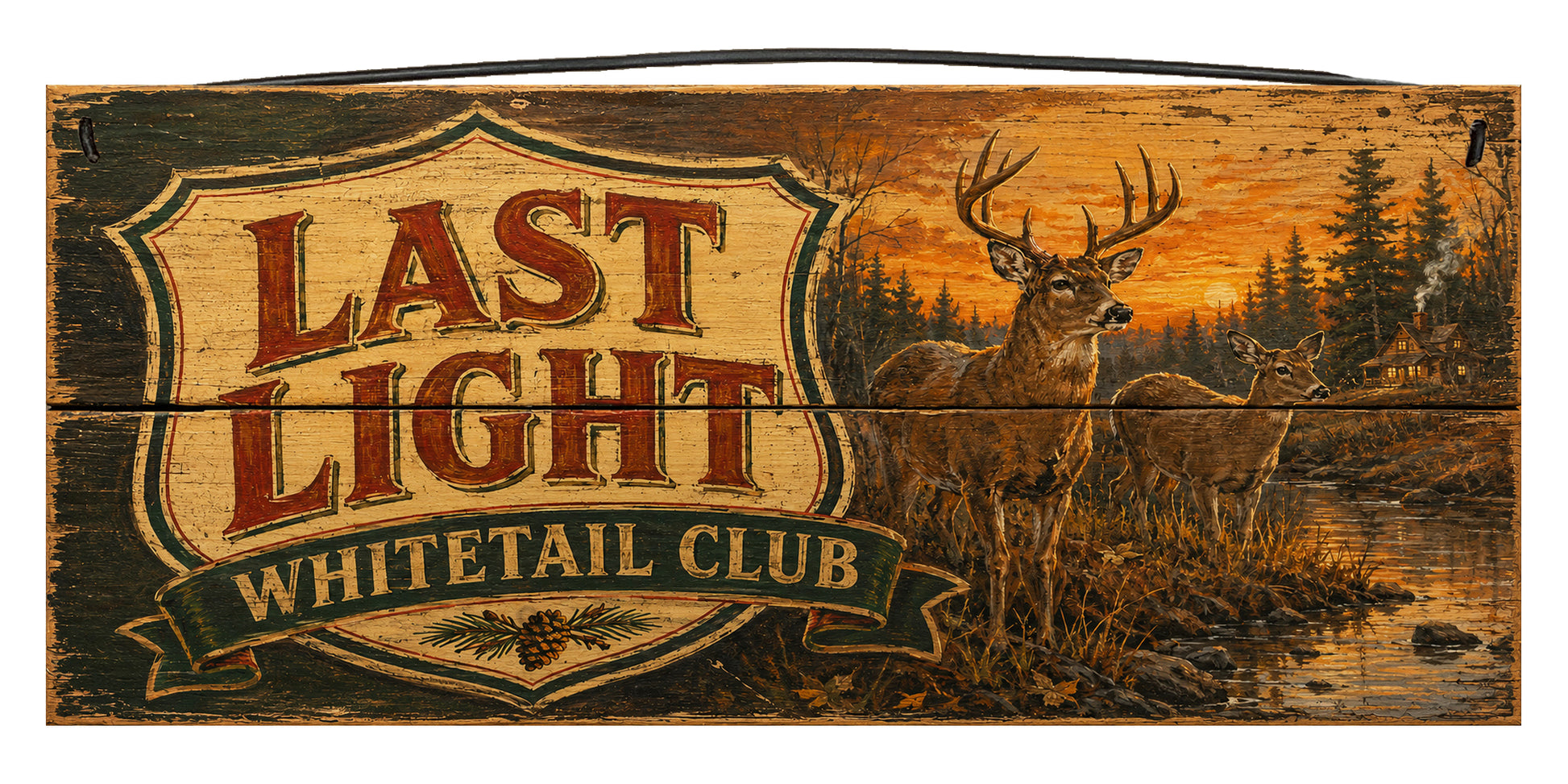 Last Light Whitetail Club 7 x 14 wood sign with deer at sunset