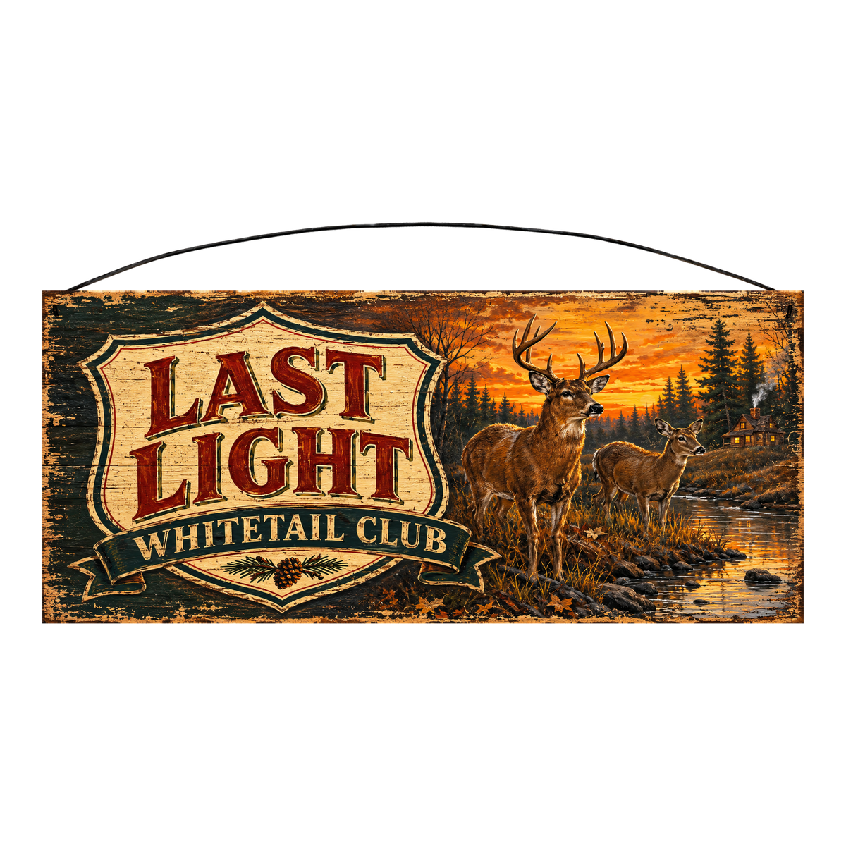 Last Light Whitetail Club wood sign, 7 x 16 inches — solid pine