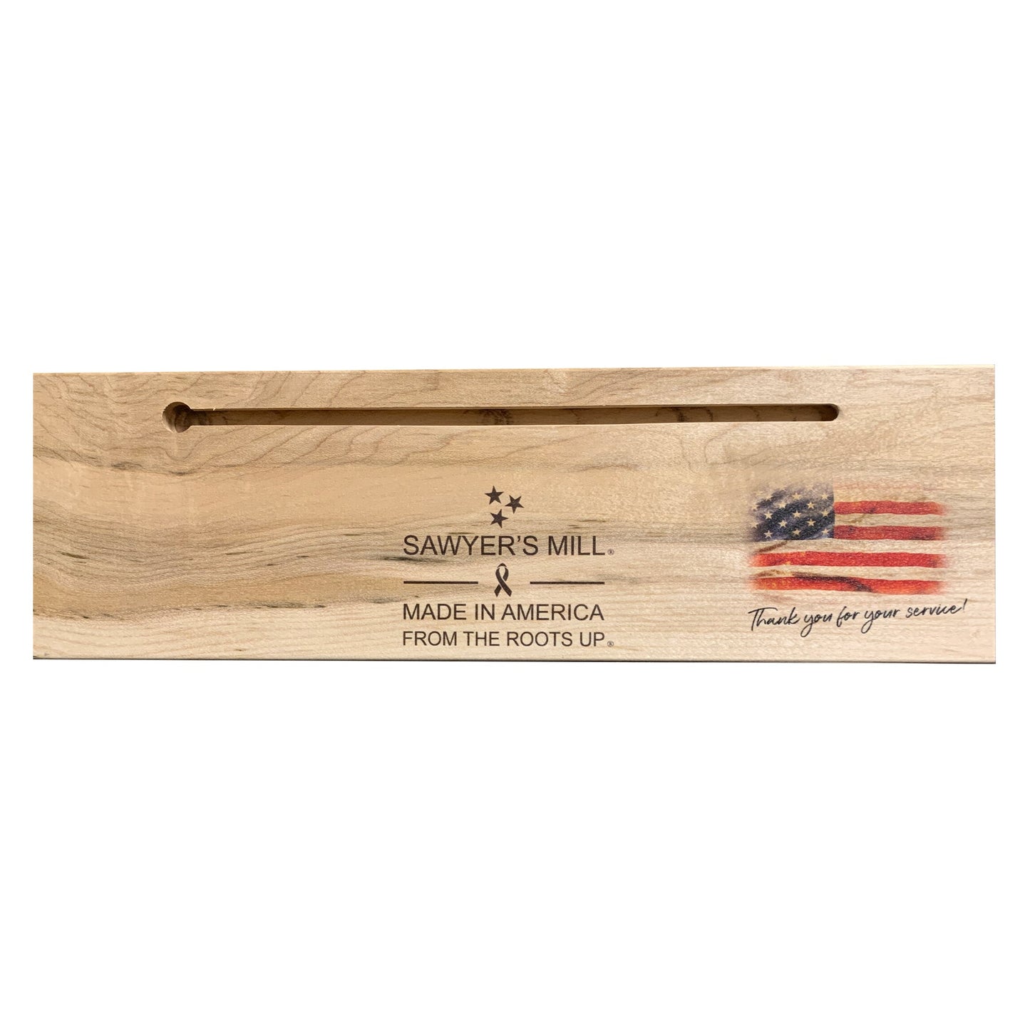 Back of Sawyer's Mill handcrafted wood sign with woodburned maker's mark