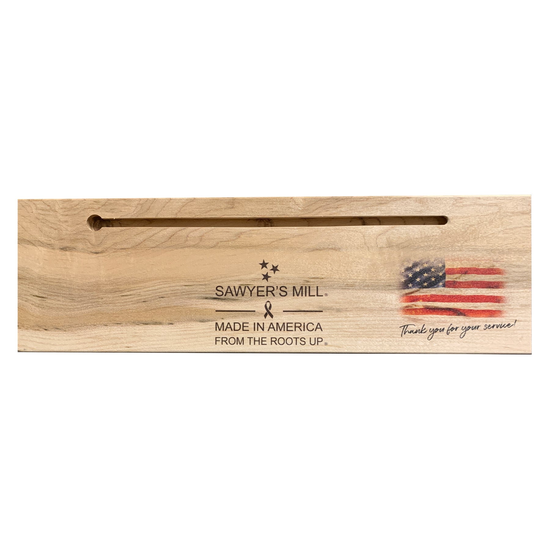 Back of Sawyer's Mill handcrafted wood sign with woodburned maker's mark