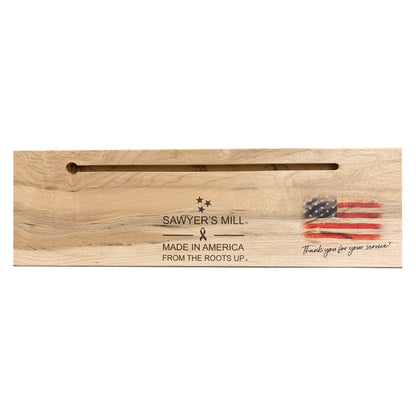 Back of Sawyer's Mill handcrafted wood sign with woodburned maker's mark