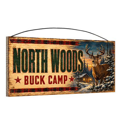 Angled view of the North Woods Buck Camp 7 x 16 pine wood sign showing the board edge and hanging wire