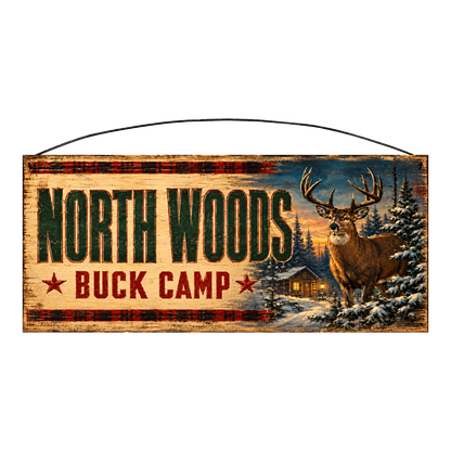 North Woods Buck Camp whitetail wood sign, 7 x 16 inches — solid pine