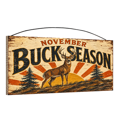 Angled view of the November Buck Season 7 x 16 pine wood sign showing the board edge and hanging wire