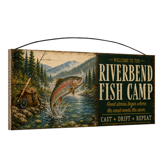 Angled view of the Personalized Fishing Camp 7 x 16 pine wood sign showing the board edge and hanging wire