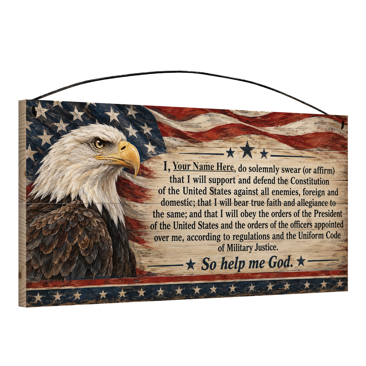 Angled view of the Personalized Oath of Enlistment 7 x 14 pine wood sign showing the board edge and hanging wire