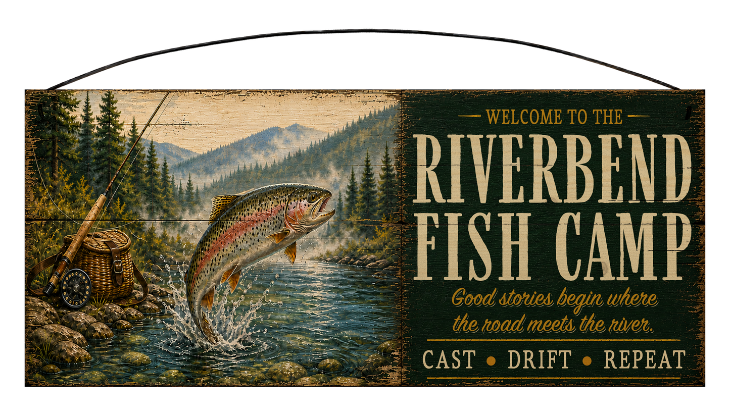 Personalized Riverbend Fish Camp rustic fishing wood sign, 7 by 16 inches