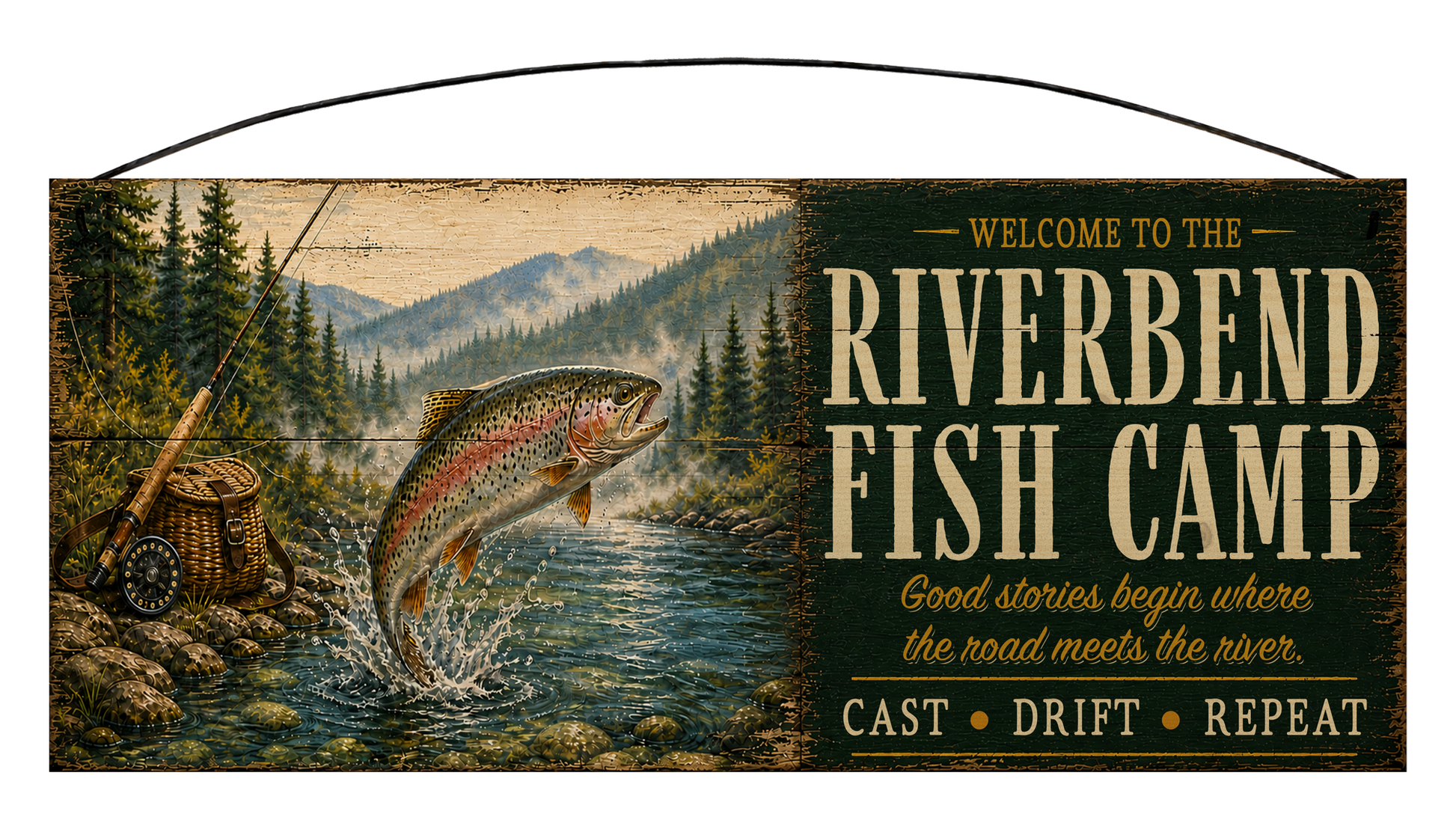 Personalized Riverbend Fish Camp rustic fishing wood sign, 7 by 16 inches