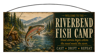 Personalized Riverbend Fish Camp rustic fishing wood sign, 7 by 16 inches