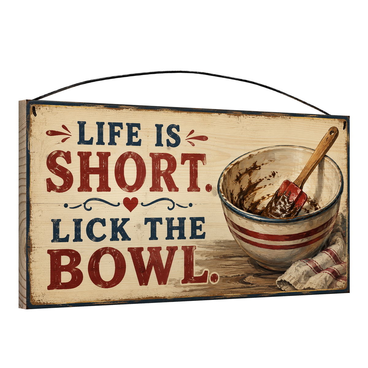 Angled view of the Life Is Short Lick the Bowl cream and navy 7 x 14 pine wood sign showing the board edge and hanging wire
