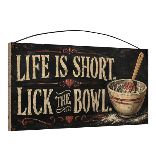 Angled view of the Life Is Short Lick the Bowl black chalkboard 7 x 14 pine wood sign showing the board edge and hanging wire