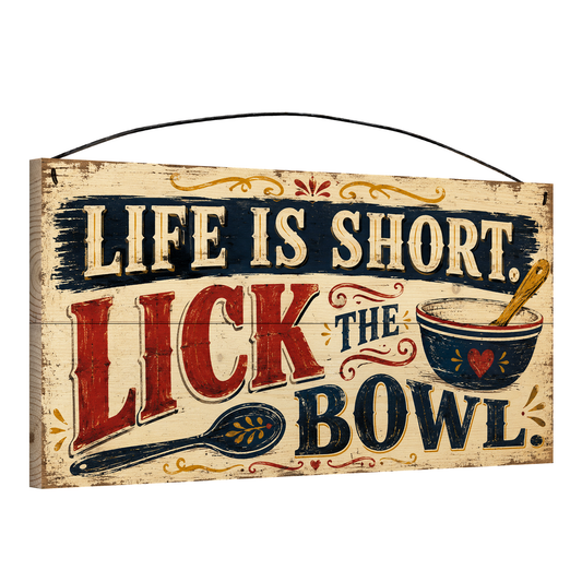 Angled view of the Life Is Short Lick the Bowl navy and gold 7 x 14 pine wood sign showing the board edge and hanging wire