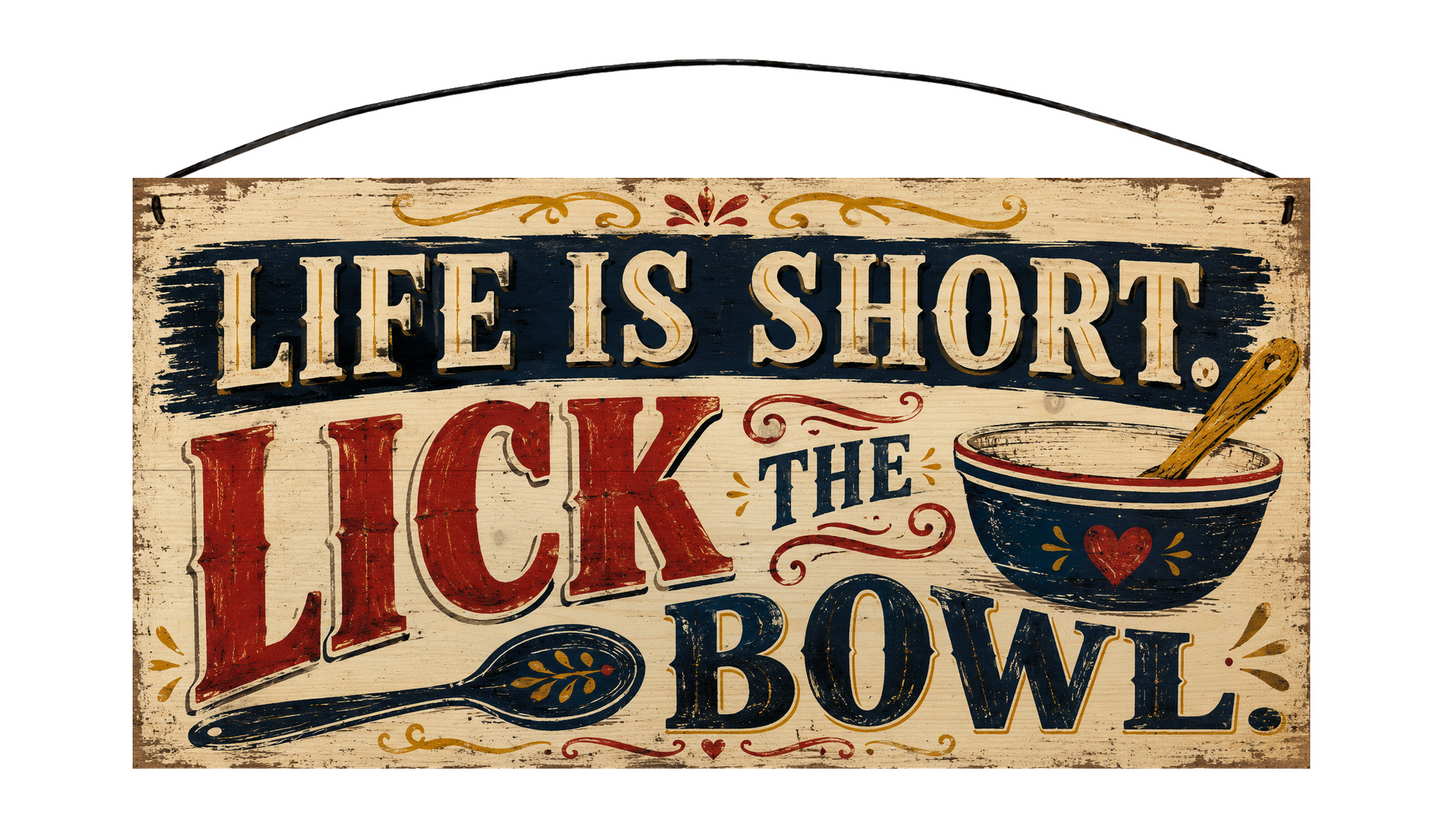 Sawyer's Mill 7 × 14 pine sign reading Life is short. Lick the bowl. with a vintage mixing bowl, wooden spoon, navy, red, and golden accents.