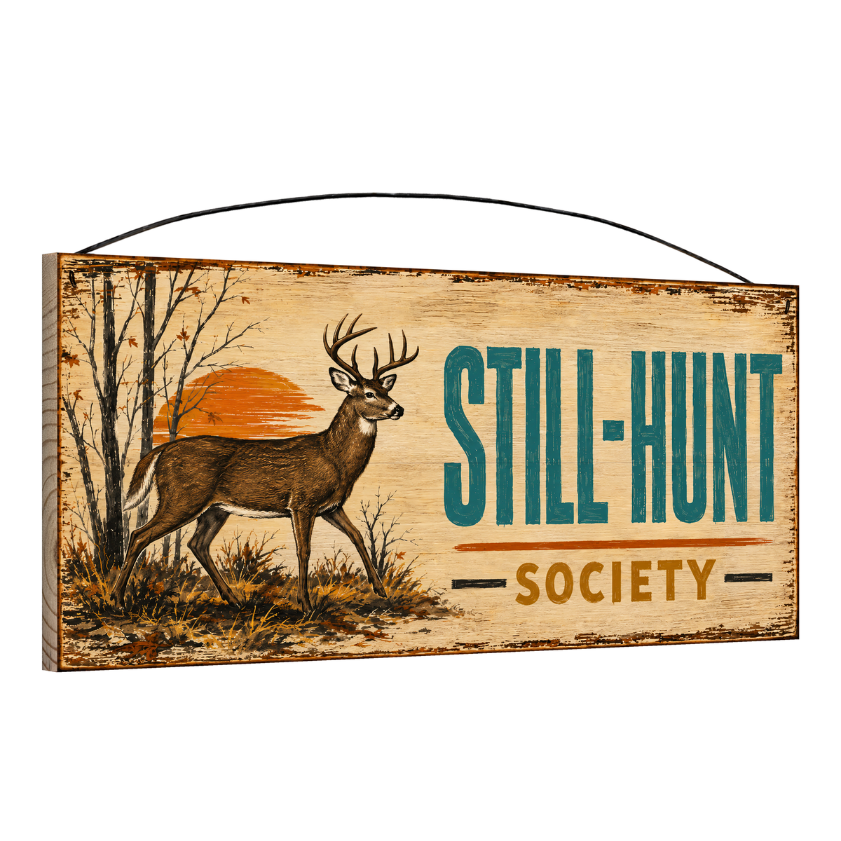 Angled view of the Still Hunt Society 7 x 16 pine wood sign showing the board edge and hanging wire