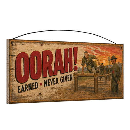 Angled view of the Oorah Earned Never Given USMC 7 x 16 pine wood sign showing the board edge and hanging wire