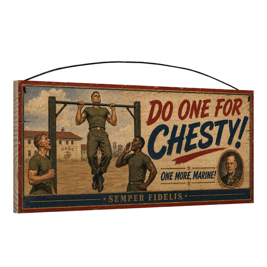 Angled view of the Do One for Chesty USMC 7 x 16 pine wood sign showing the board edge and hanging wire