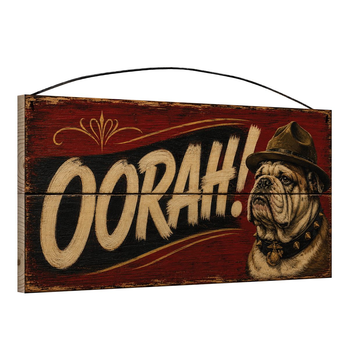 Angled view of the Chesty USMC Bulldog Oorah 7 x 14 pine wood sign showing the board edge and hanging wire
