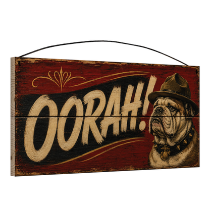 Angled view of the Chesty USMC Bulldog Oorah 7 x 14 pine wood sign showing the board edge and hanging wire