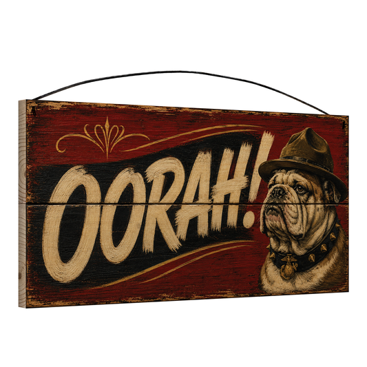 Angled view of the Chesty USMC Bulldog Oorah 7 x 14 pine wood sign showing the board edge and hanging wire