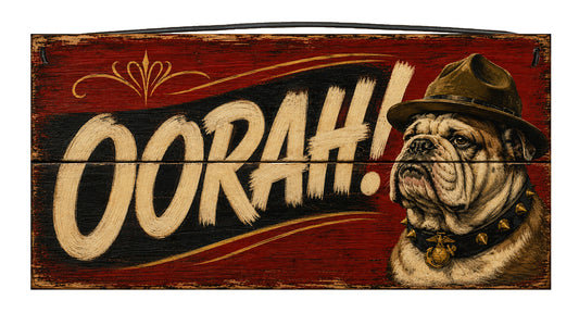 Chesty official USMC bulldog mascot OORAH 7 x 14 wood sign