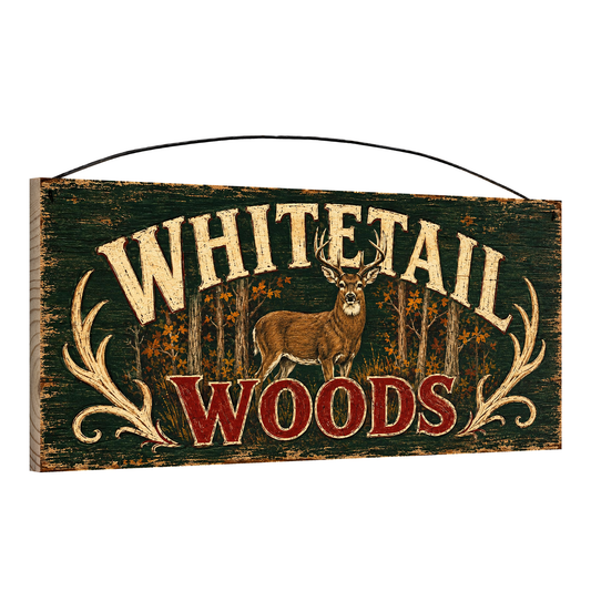 Angled view of the Whitetail Woods 7 x 16 pine wood sign showing the board edge and hanging wire