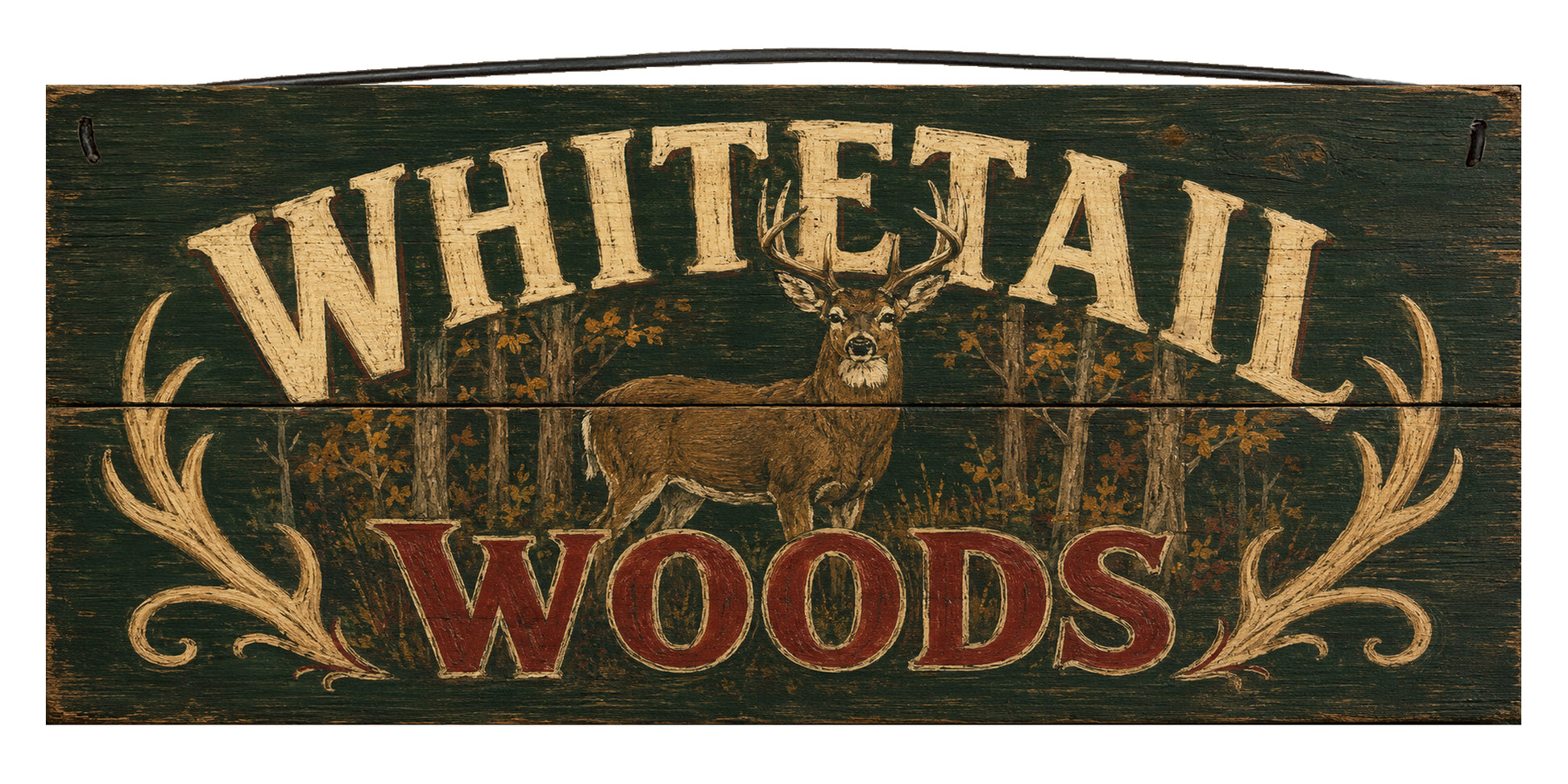 Whitetail Woods 7 x 16 pine wood sign by Sawyer's Mill