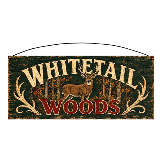 Whitetail Woods deer wood sign, 7 x 16 inches — solid pine
