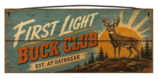 First Light Buck Club 7 x 16 Wood Sign – Rustic Deer Hunting Decor
