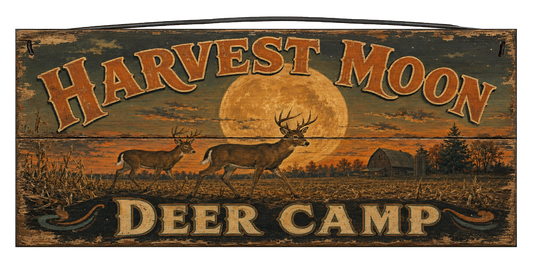 Harvest Moon Deer Camp 7x16 Wood Sign – Rustic Deer Hunting Decor
