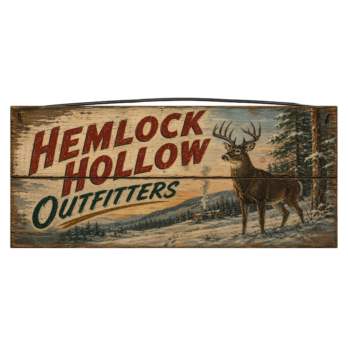 Hemlock Hollows Deer Camp 7x14 Wood Sign – Rustic Hunting Decor