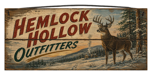 Hemlock Hollows Deer Camp 7x14 Wood Sign – Rustic Hunting Decor