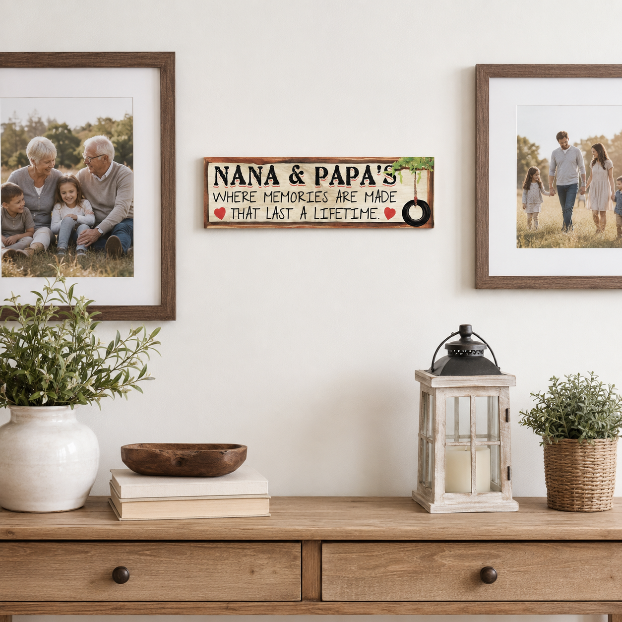 Nana and Papa wood sign wall mounted between family photographs above a farmhouse entryway console.
