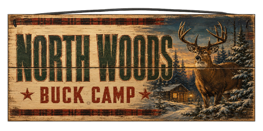 Northwoods Buck Club 7x16 Wood Sign – Rustic Deer Hunting Decor
