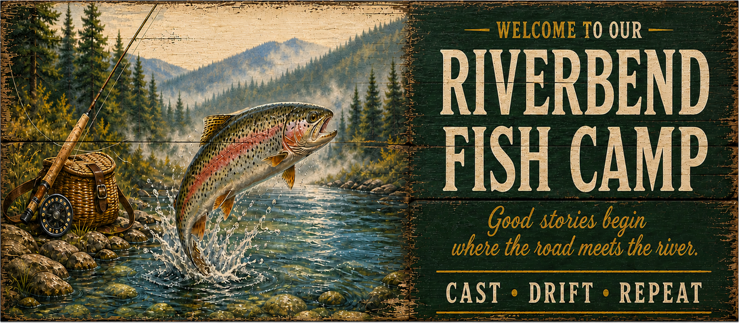 Personalized Riverbend Fish Camp rustic fishing wood sign, 7 by 16 inches