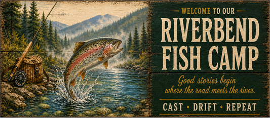 Personalized Riverbend Fish Camp rustic fishing wood sign, 7 by 16 inches