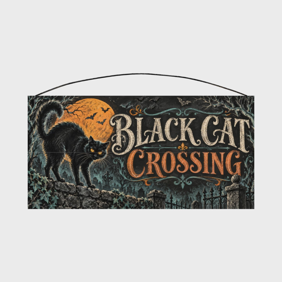 Black Cat Crossing 7x14 wood sign rotating view