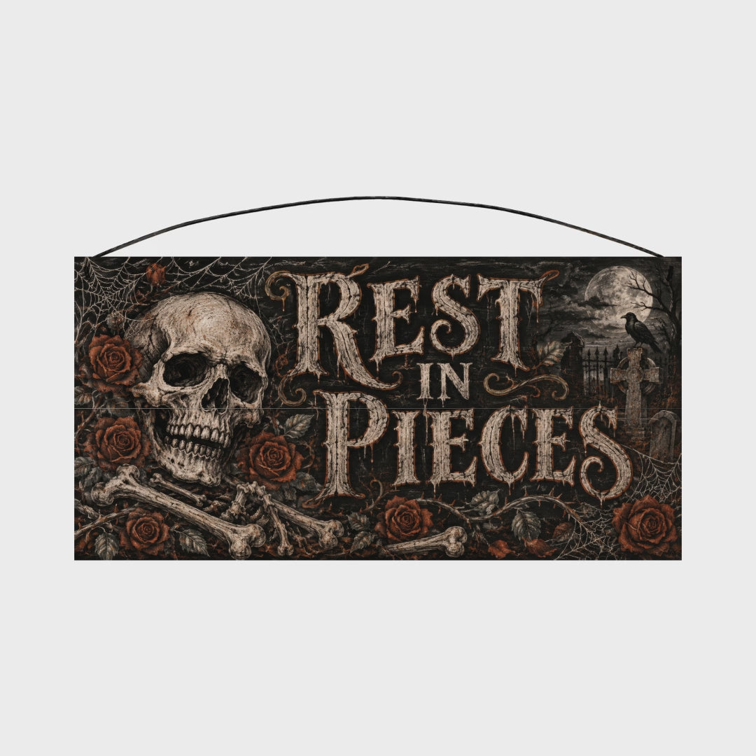 Rest in Pieces Skull & Roses 7x14 wood sign rotating view