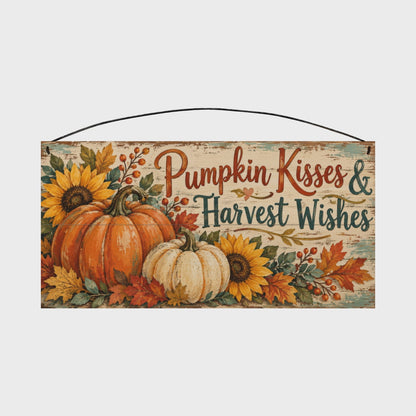 Pumpkin Kisses & Harvest Wishes Sunflower Wood Sign, 7×14