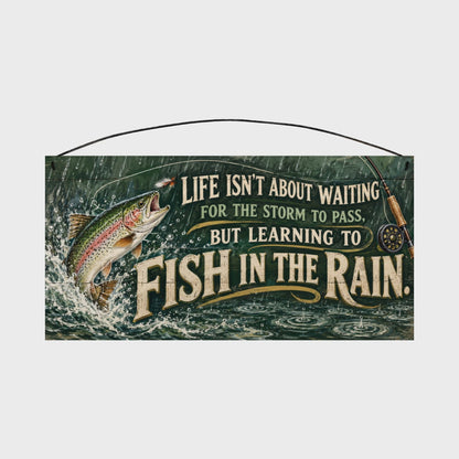 Fish in the Rain Rainbow Trout Wood Sign, 7×14