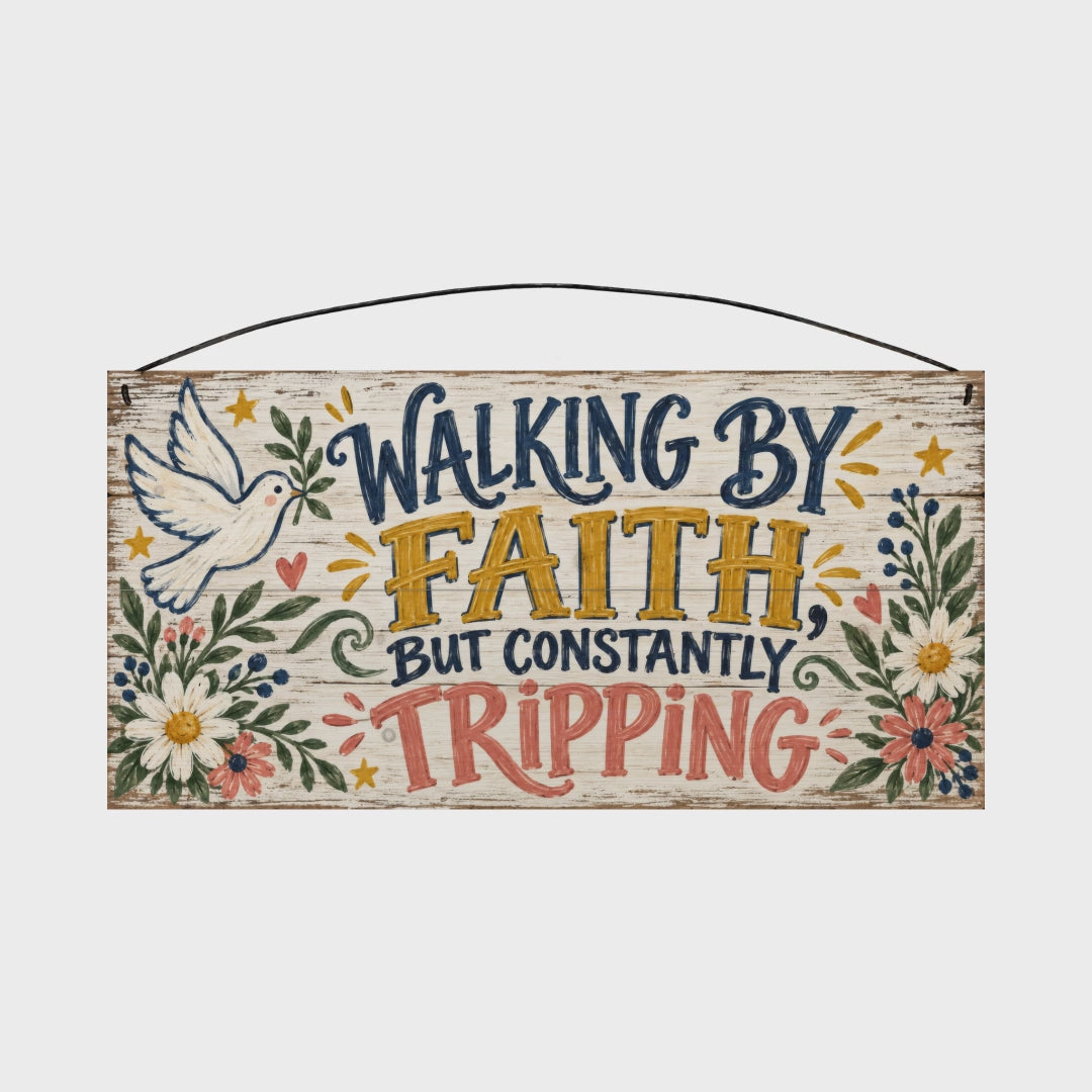 Walking by Faith, But Constantly Tripping 7x14 wood sign rotating front to back