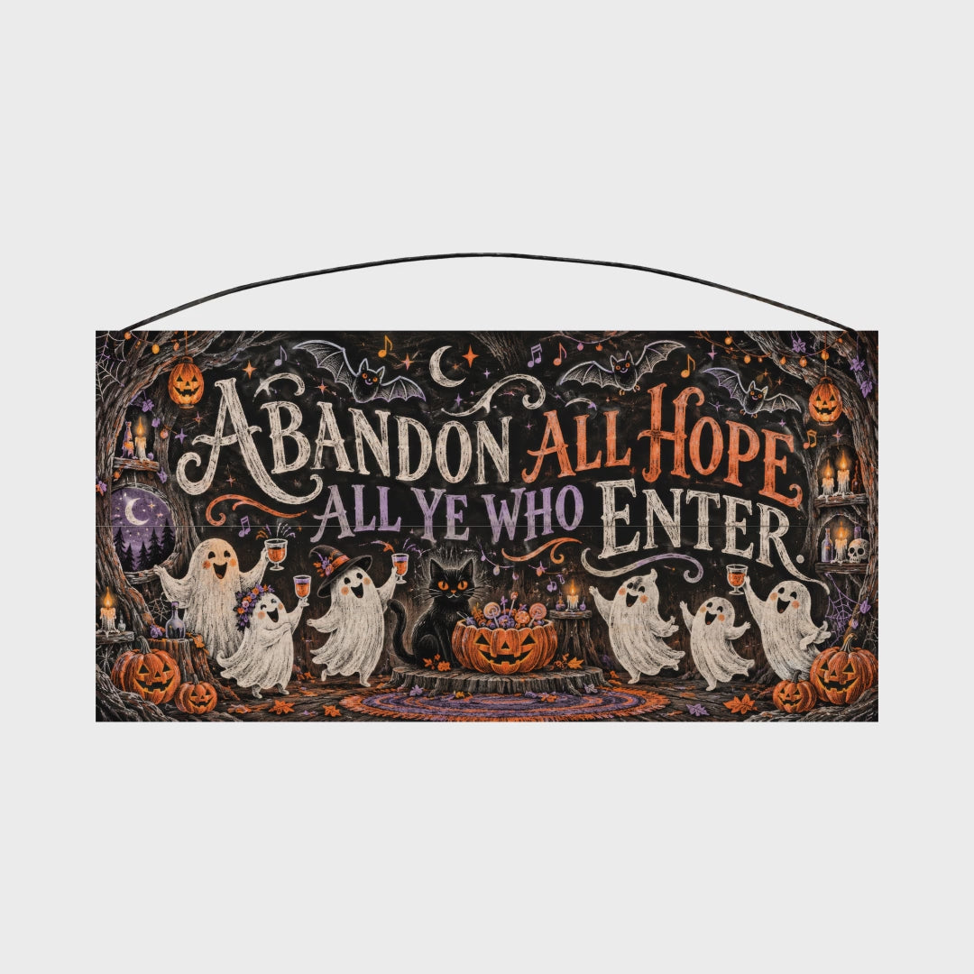 Abandon All Hope All Ye Who Enter Ghost Party 7x14 wood sign rotating view