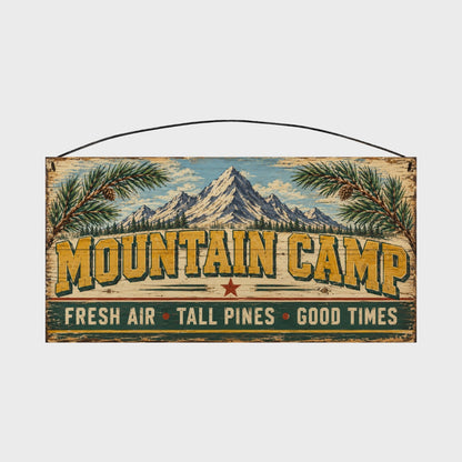 Mountain Camp Fresh Air Tall Pines Good Times Wood Sign, 7×14