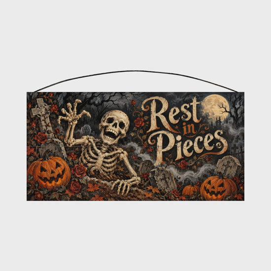 Rest in Pieces Graveyard Skeleton 7x14 wood sign rotating view