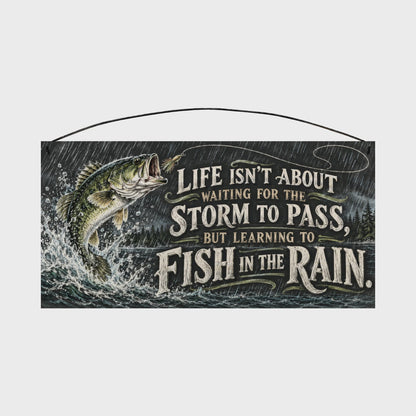 Fish in the Rain Largemouth Bass Wood Sign, 7×14