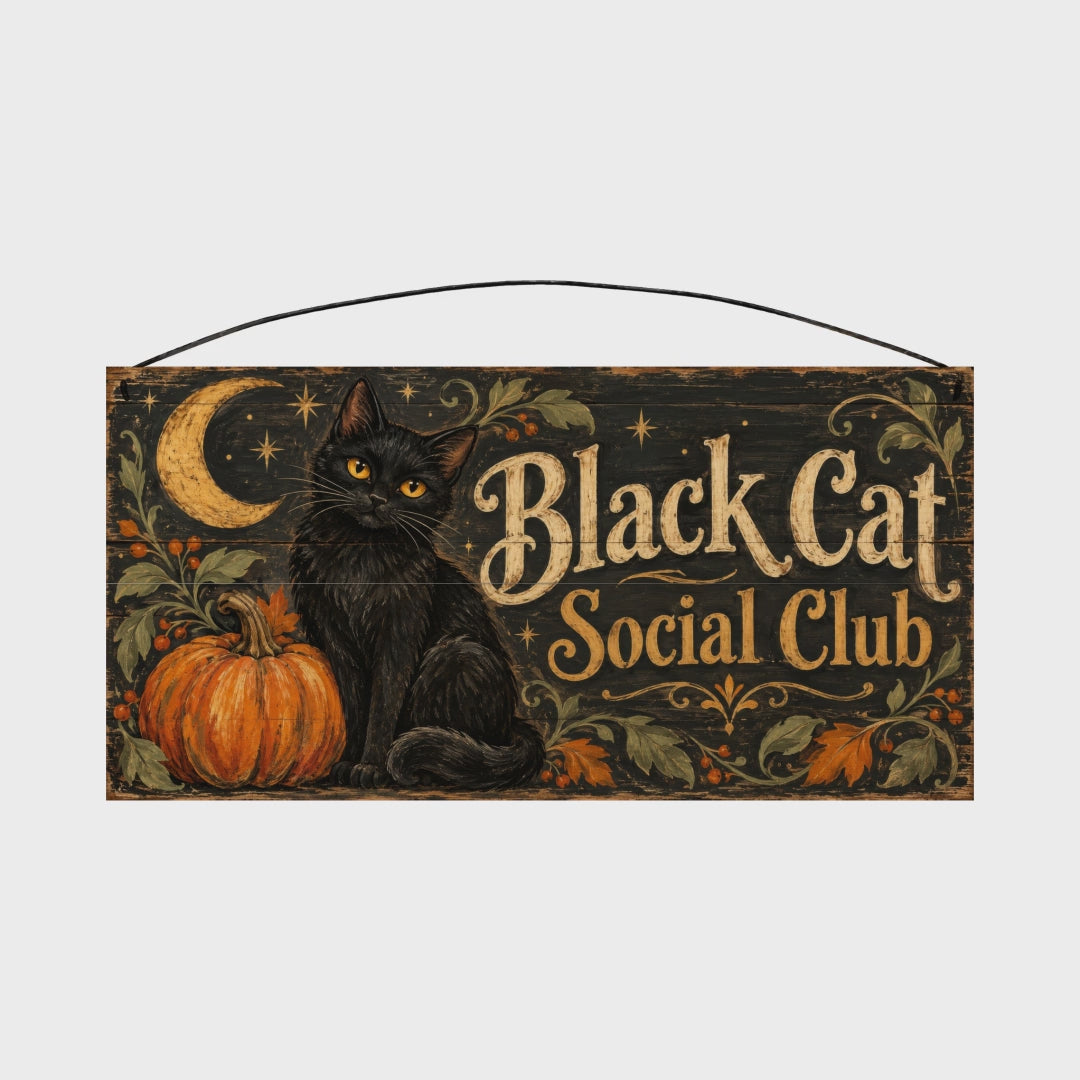 Black Cat Social Club 7x14 wood sign rotating view