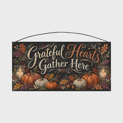 Grateful Hearts Gather Here Pumpkin & Candle Chalkboard Wood Sign, 7×14